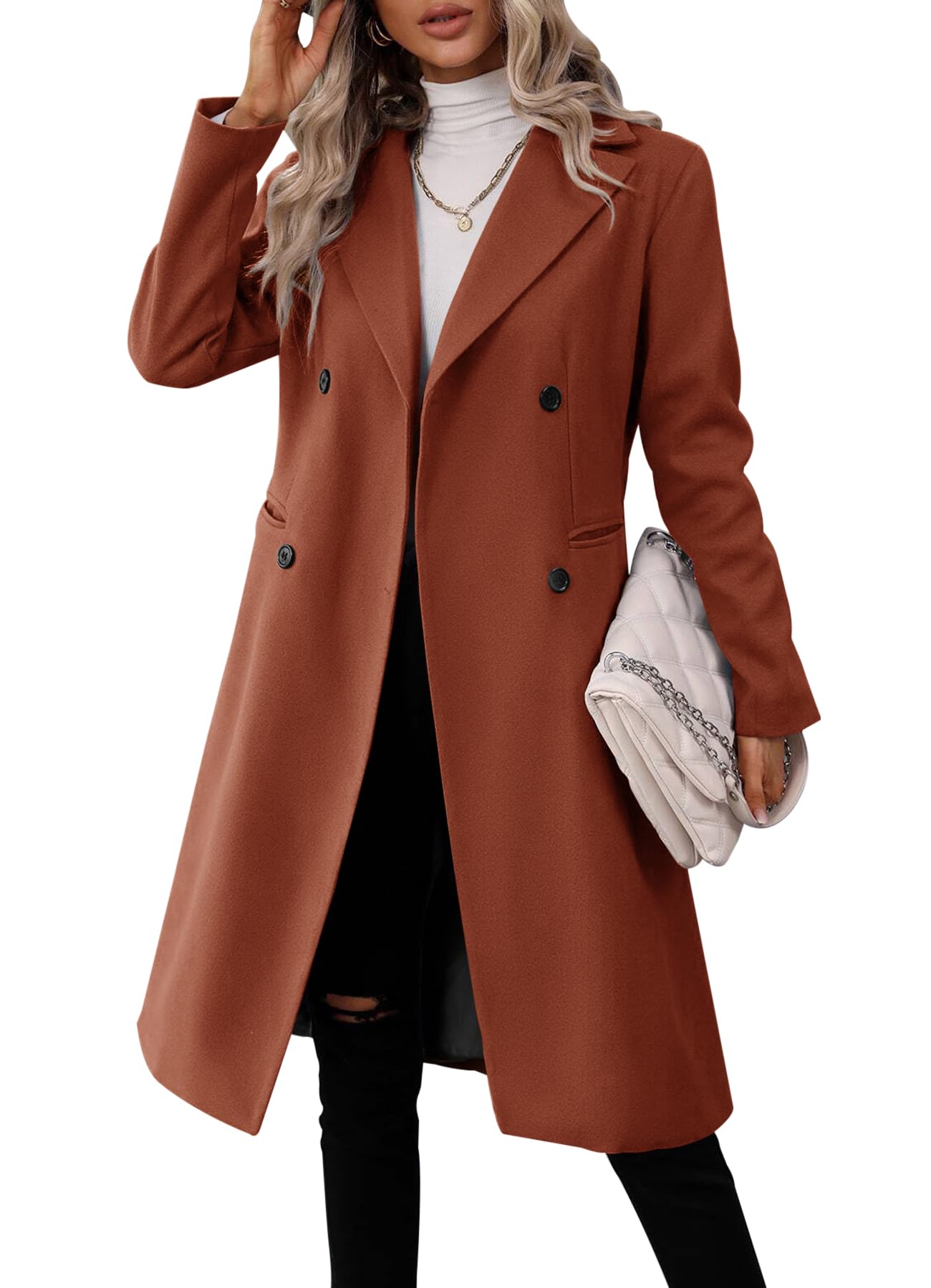 Danedvi Womens Long Double Breasted Coats Lapel Collar Pea Coat Winter Slim Fit Jackets Trench Coat Outwear