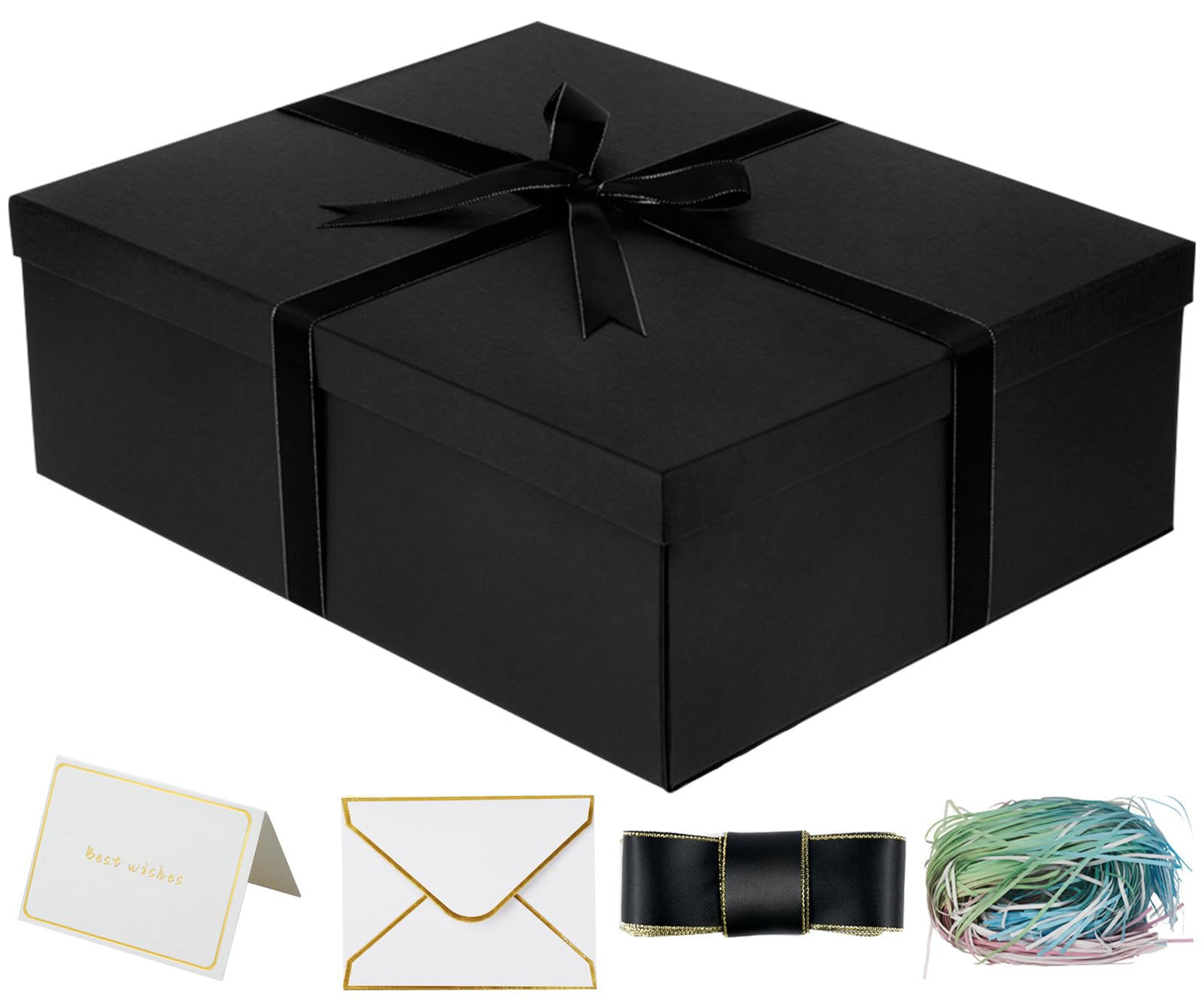 Large Gift Box with Lid 16.5x13x5.5 inches - Includes Card, Ribbons & Filler 1 Count (Pack of 1) 01-black