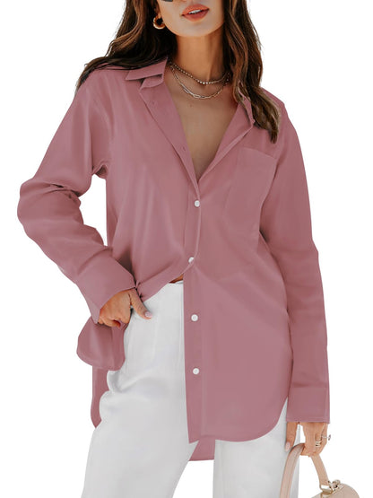 Women's Button Down Shirt - Long Sleeve V-Neck Blouse with Pockets Camel Pink