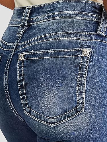 Flamingals Women's Butt Lifting Skinny Leg Jeans Stretchy Tummy Control Mid Rise Denim Jeans Deep Blue Denim L