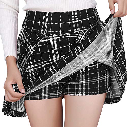 DJT FASHION Shorts for Women Basic Versatile Skorts Casual Stretchy Flared Skater Golf Tennis Mini Skirts with Shorts X-Large Black Plaid