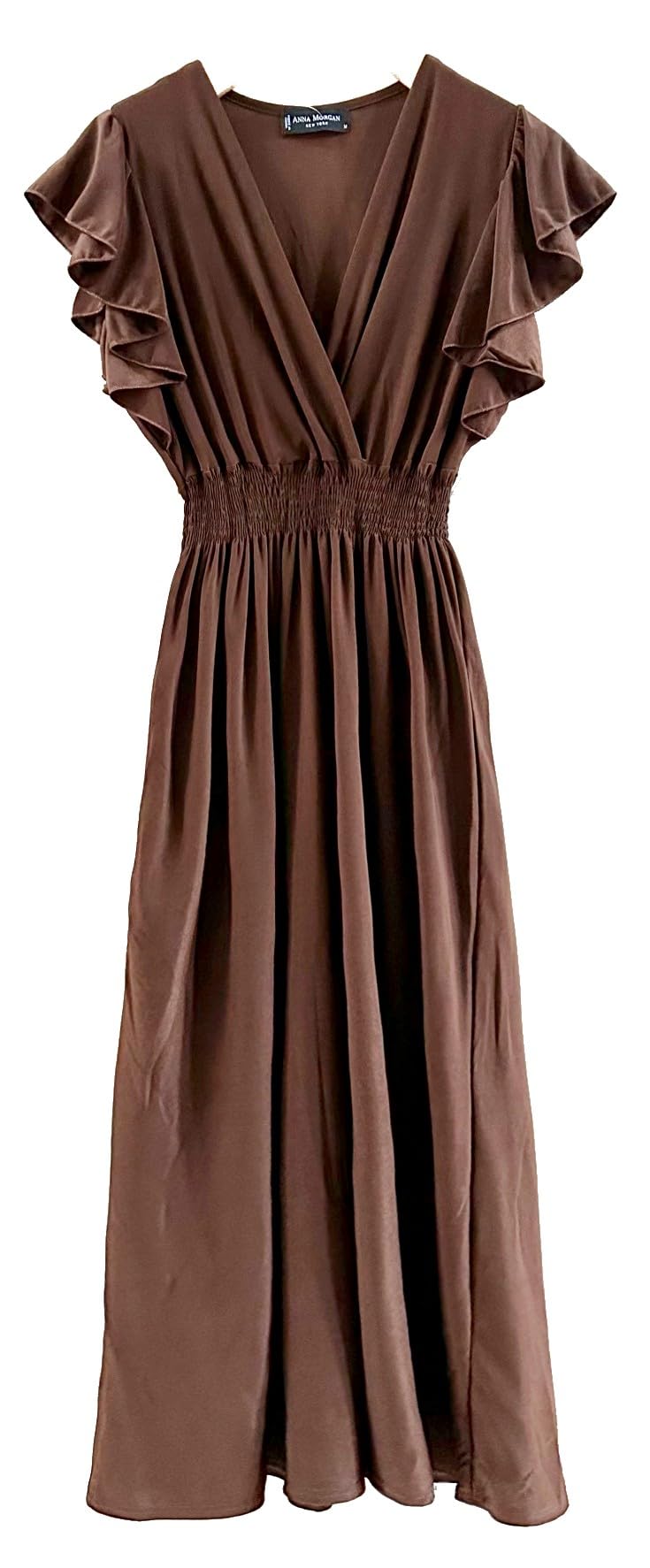 Smocked Maxi Dress - V Neck Exotic Print Dress for Maternity & Plus Size Medium Solid Brown