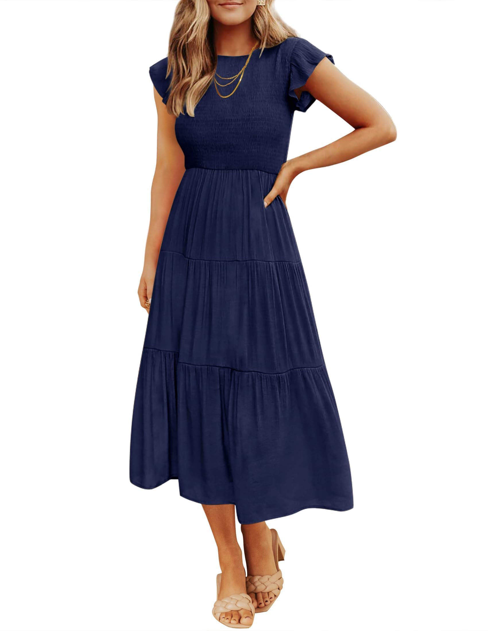 Blue Casual Dresses - Women's Summer Tiered Midi Dress - Flutter Sleeve Smocked Waist