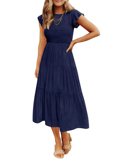 Blue Casual Dresses - Women's Summer Tiered Midi Dress - Flutter Sleeve Smocked Waist Royal Blue