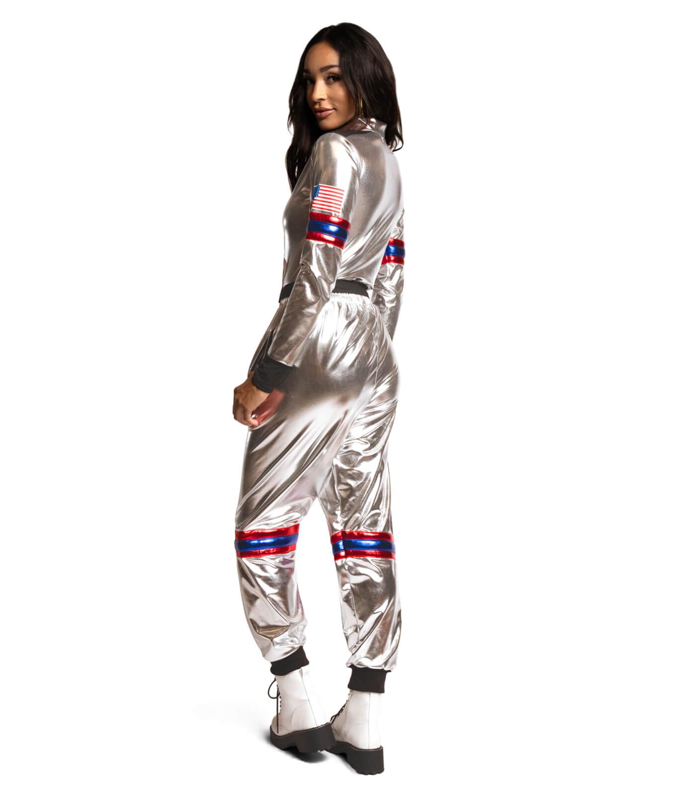 Women's Front Zip Halloween Bodysuit - Shiny Two Piece Astronaut Costume