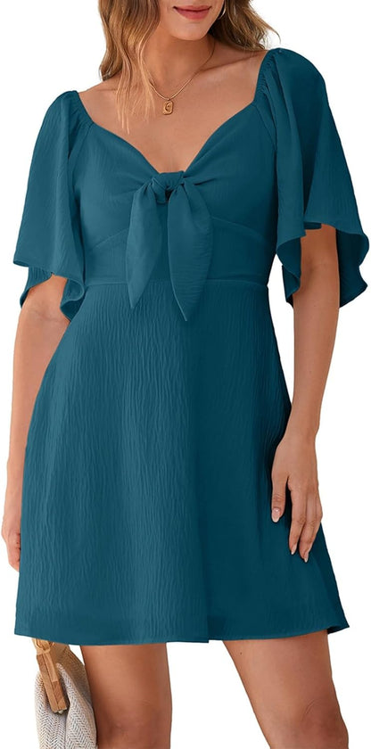 Women's Deep V-Neck Mini Dress with Bow Tie - Elegant Summer Fall Outfit