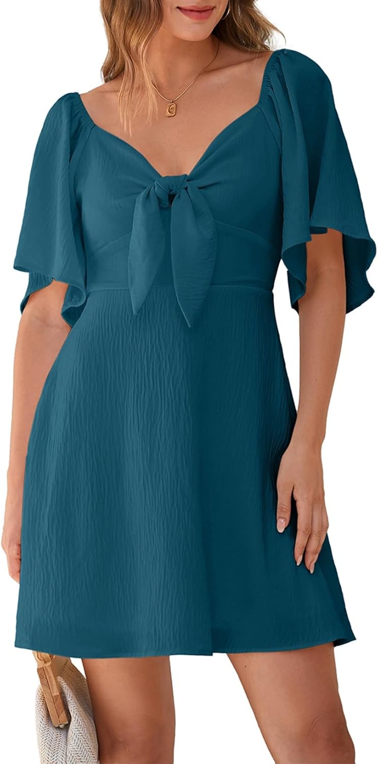 Women's Deep V-Neck Mini Dress with Bow Tie - Elegant Summer Fall Outfit Sea Green