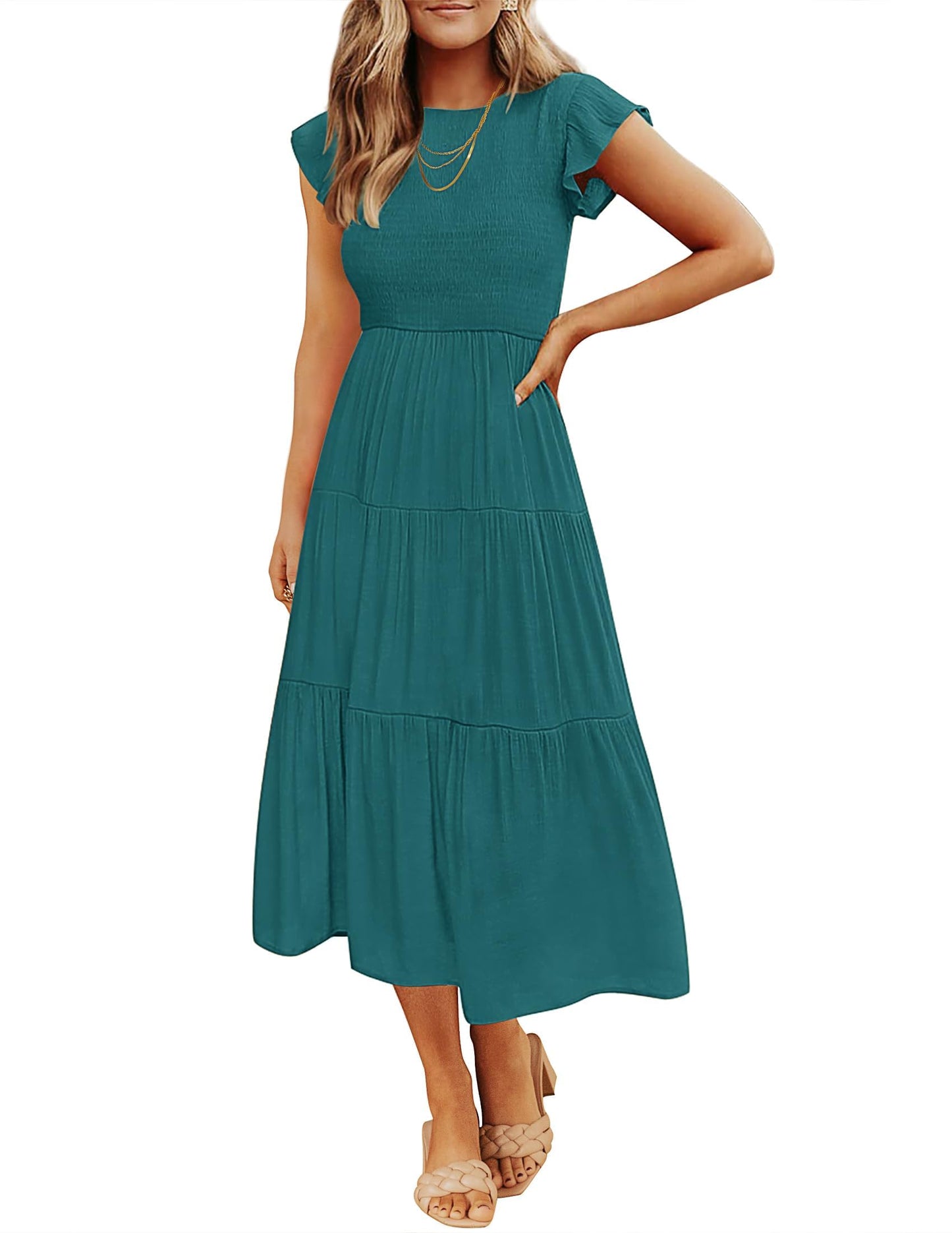 Blue Casual Dresses - Women's Summer Tiered Midi Dress - Flutter Sleeve Smocked Waist Teal Green