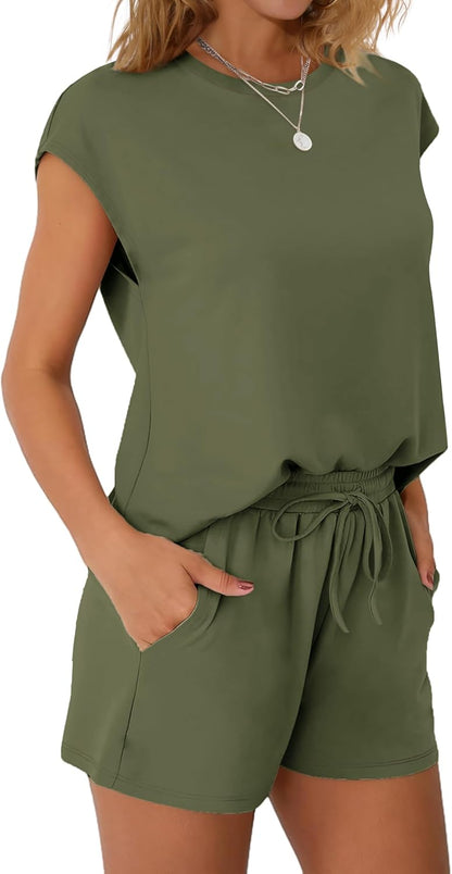 Women's 2 Piece Summer Lounge Set Crew Neck Short Sleeve Tracksuit