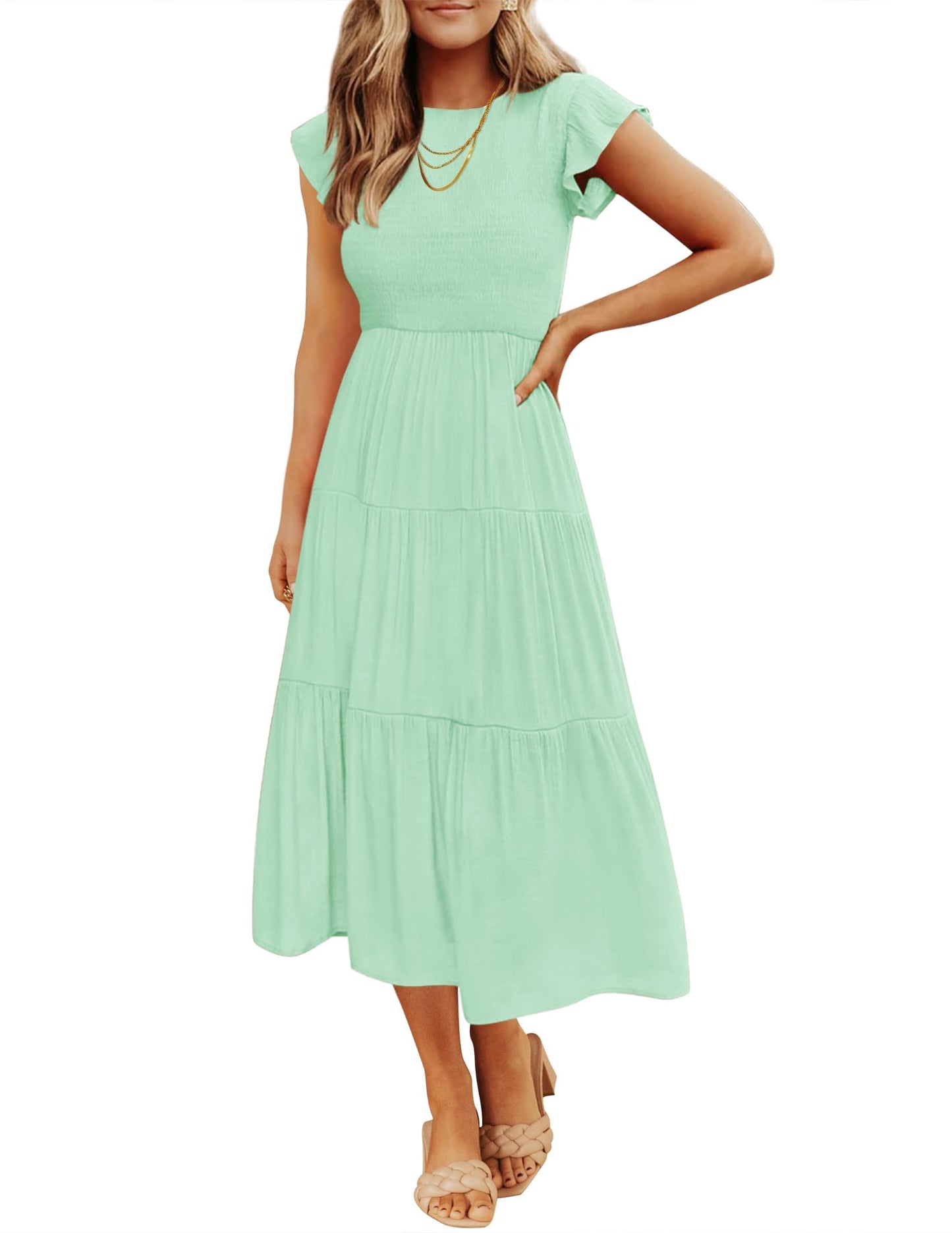 Blue Casual Dresses - Women's Summer Tiered Midi Dress - Flutter Sleeve Smocked Waist