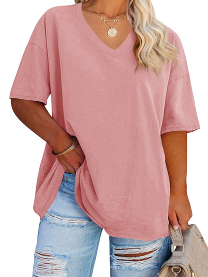 Cato Fashions Online - Women's Plus Size V-Neck Cotton T-Shirts - Summer Half Sleeve Casual Loose Fit Tunic Tops Dusty Pink