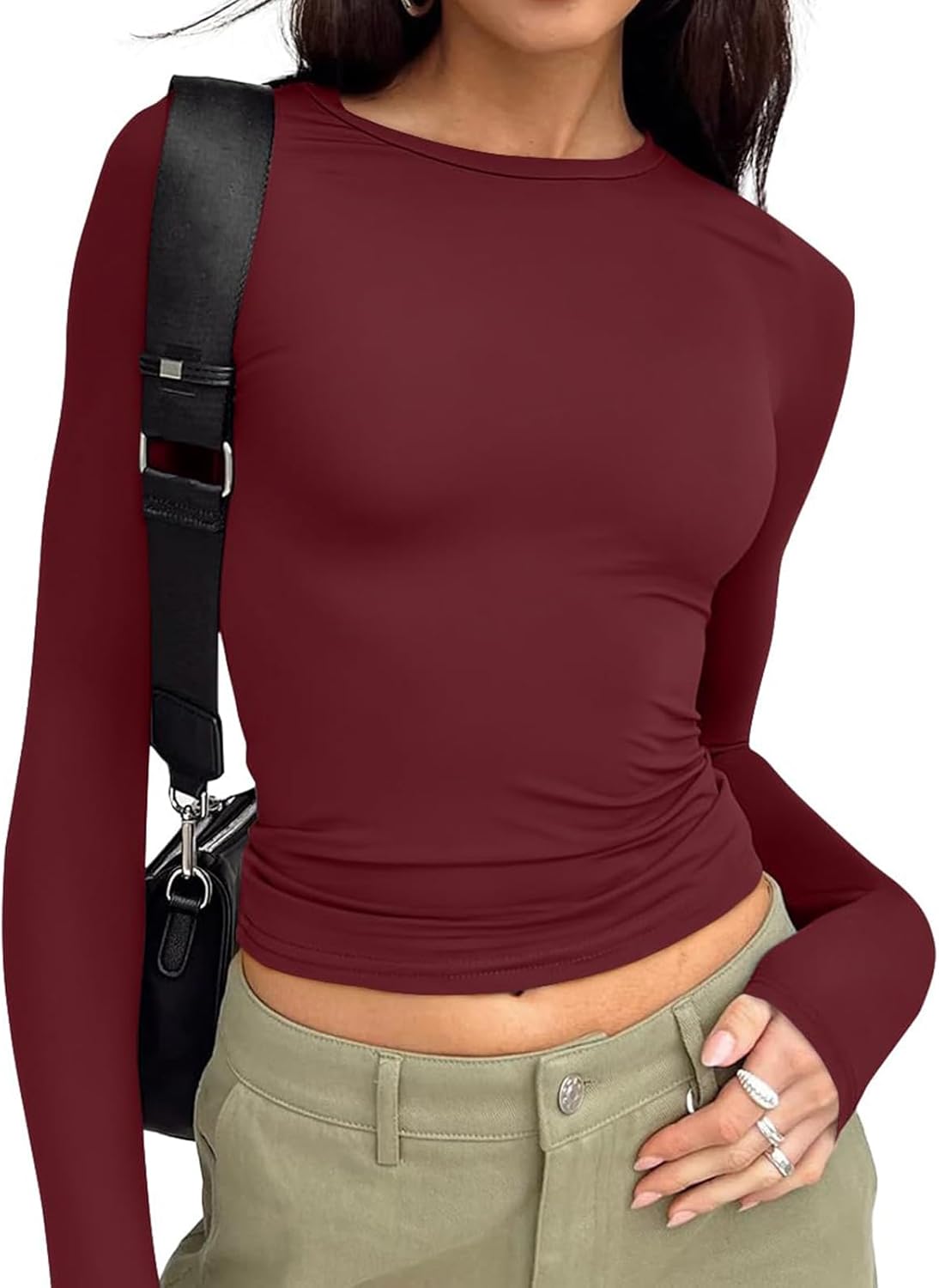 Long Sleeve Crop Top for Women - Stretchy Basic Tee with Crew Neck