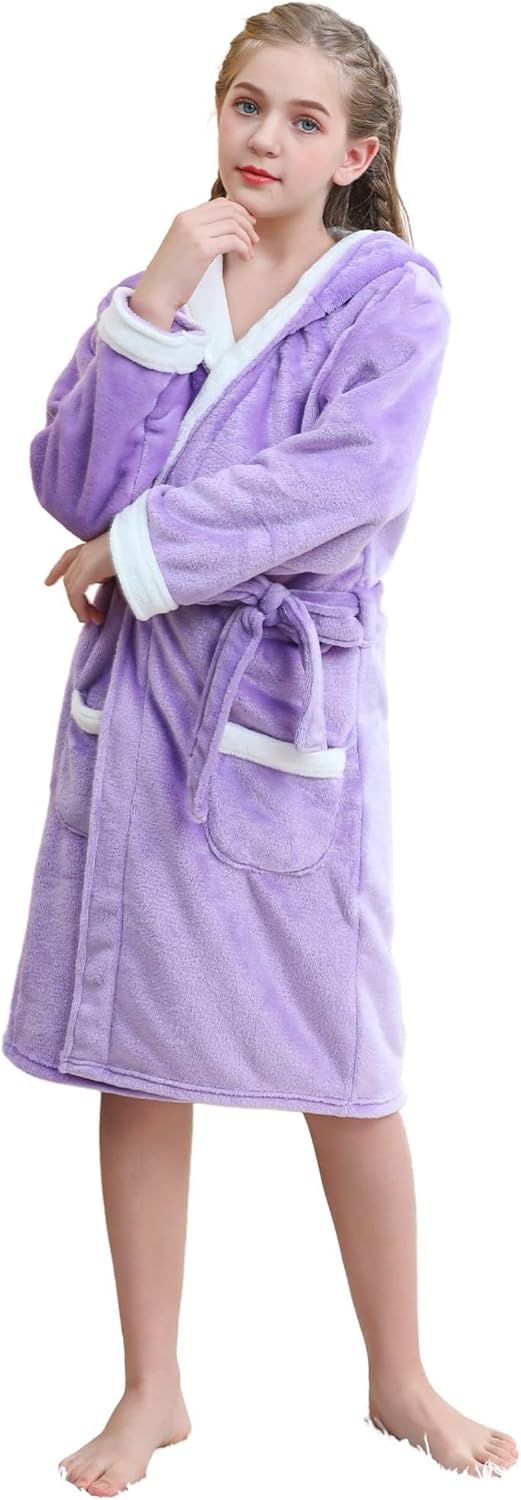Girls Hooded Fleece Bathrobe - Soft Plush Warm Robe for Kids 3-14 Years Lavender-white