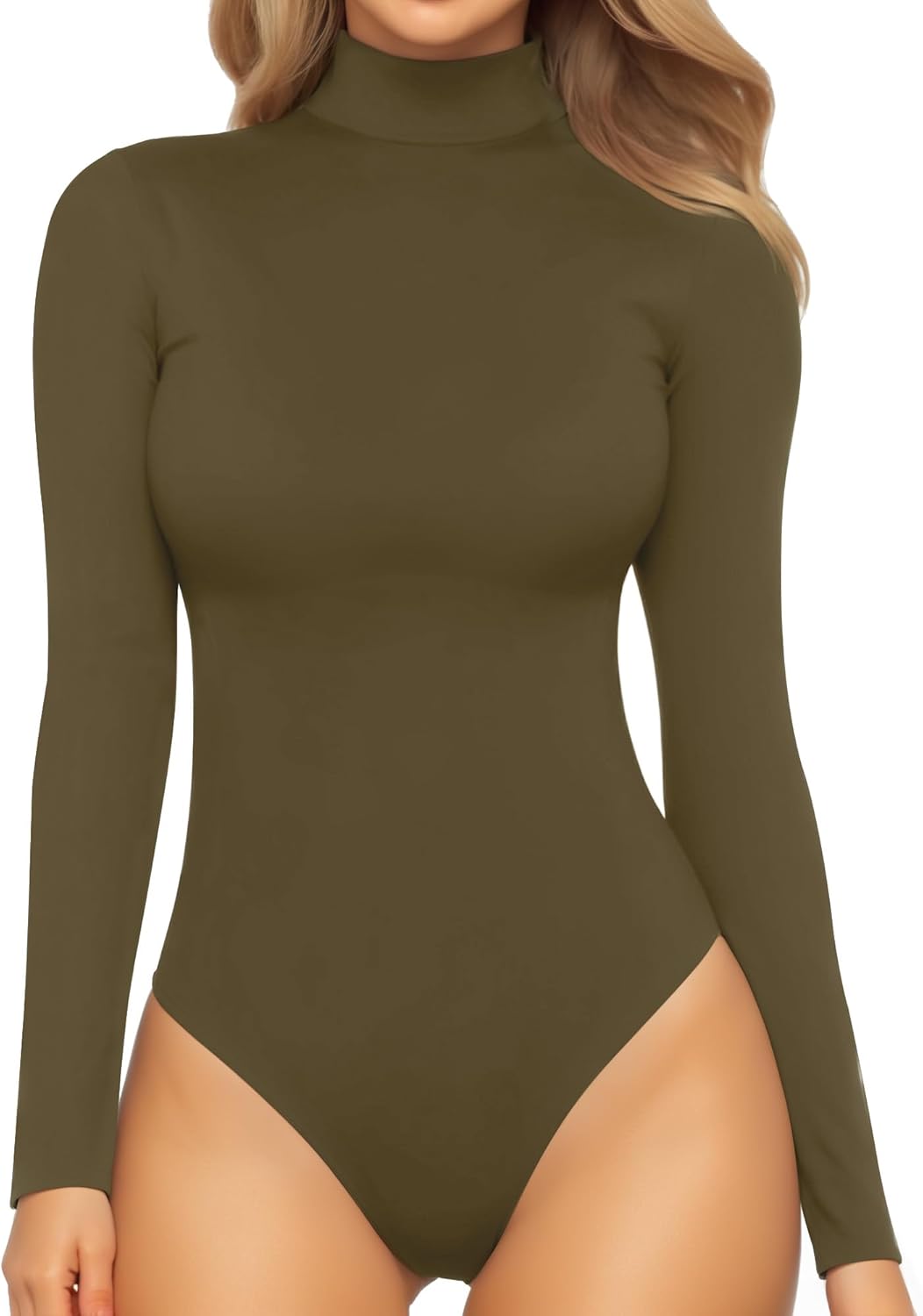 Mock Turtleneck Bodysuit - Long Sleeve Fitted Top with Snap Closure