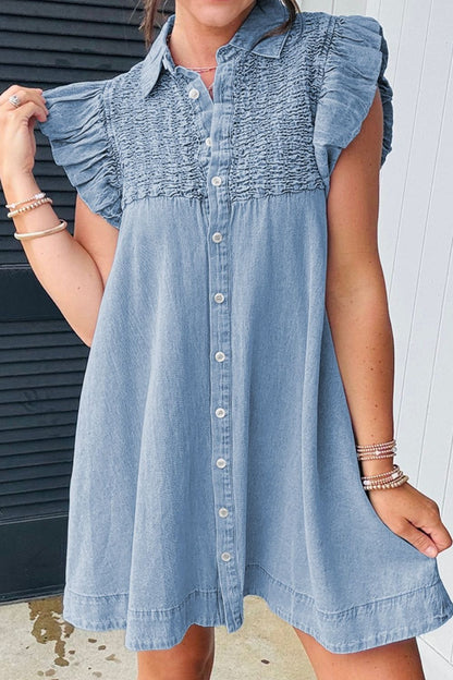 Smocked Collared Neck Cap Sleeve Denim Dress Medium