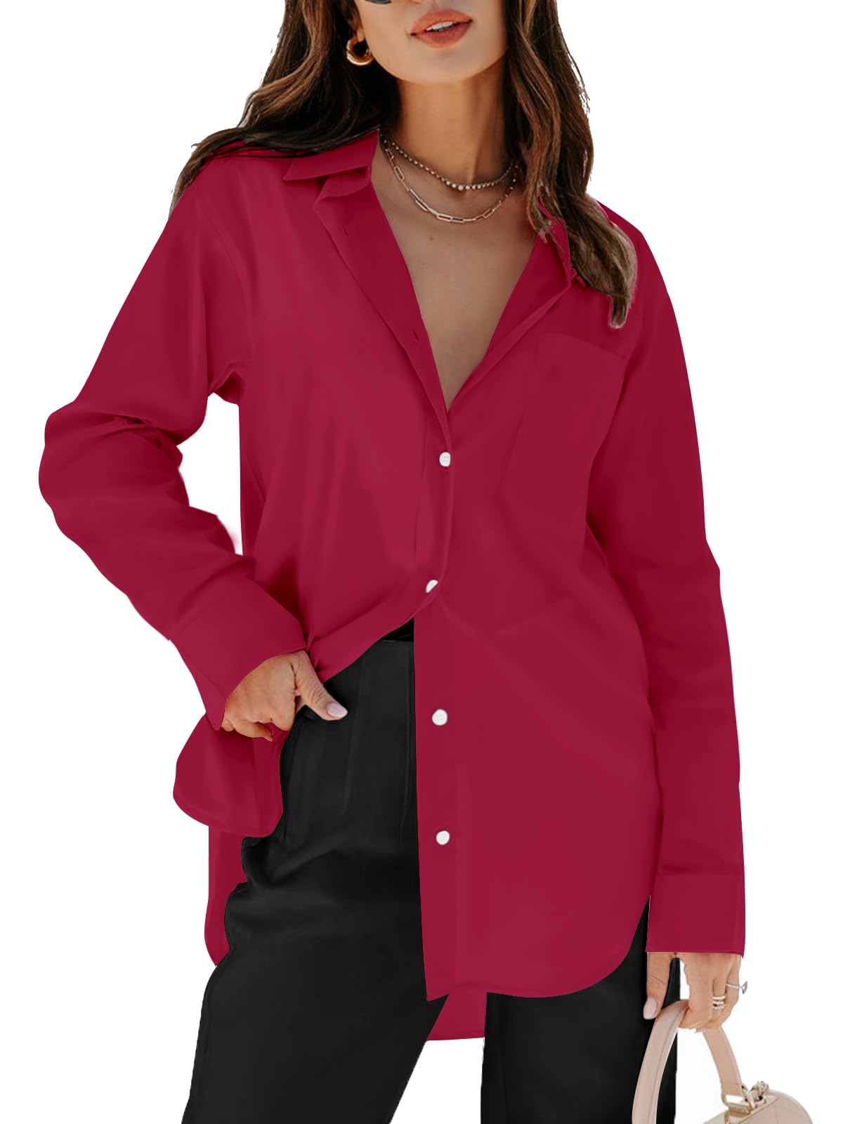 Women's Button Down Shirt - Long Sleeve V-Neck Blouse with Pockets