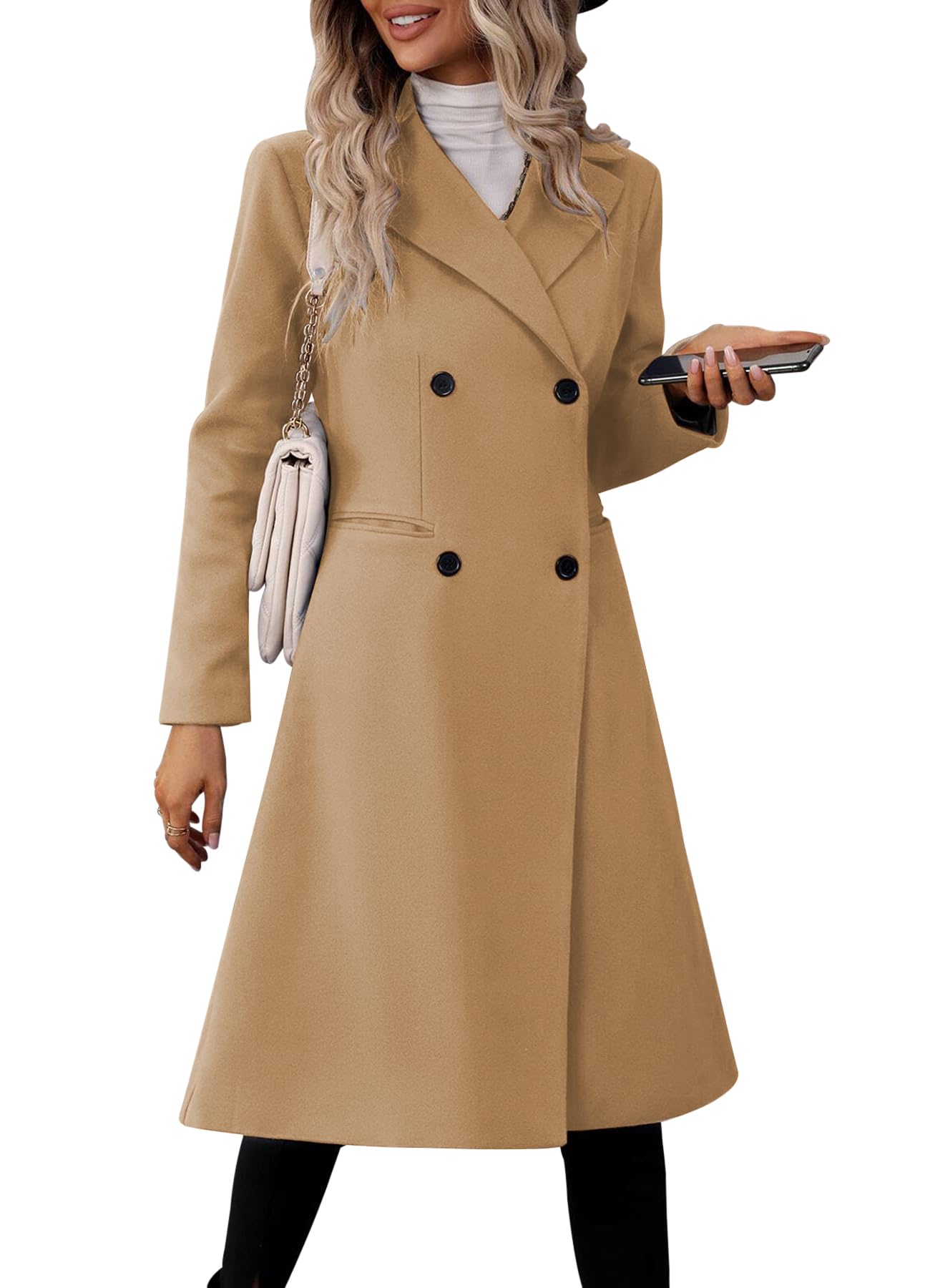 Danedvi Womens Long Double Breasted Coats Lapel Collar Pea Coat Winter Slim Fit Jackets Trench Coat Outwear