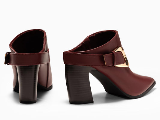 Coutgo Womens Mules Boots Chunky Stacked Heel Pointed Toe Booties Slip On Dress Boot Shoes with Buckle Decoration, Reddish Brown, Size 6.5