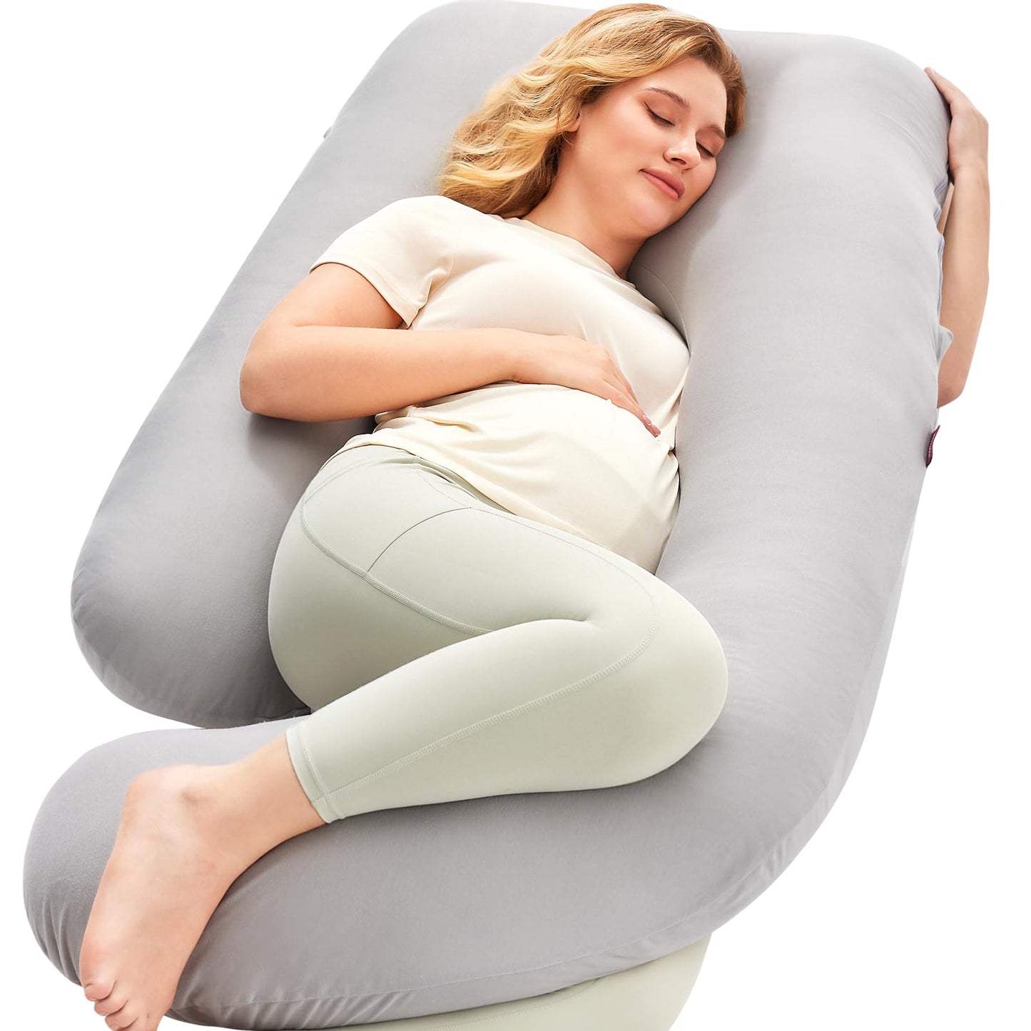 U-Shaped Full Body Pregnancy Pillow 57 Inch Maternity Support Pillow Jersey Knit Cotton- Gray