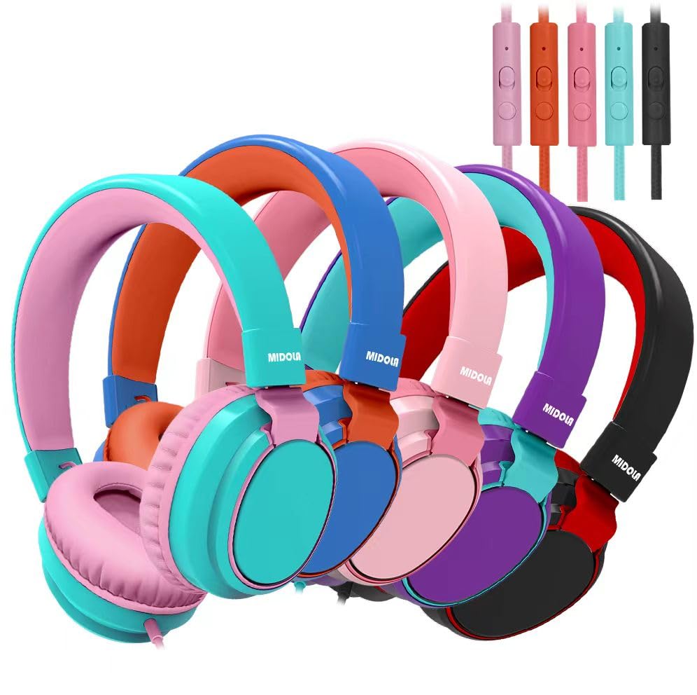 Kids Headphones Volume Limited 85/94dB - Wired Over-Ear Foldable Headset with Microphone Pink 5 Packs of Mix Colors