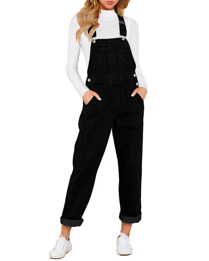 Denim Bib Overalls - Adjustable Loose Fit Jeans Jumpsuit for Women B Warm Onyx Black