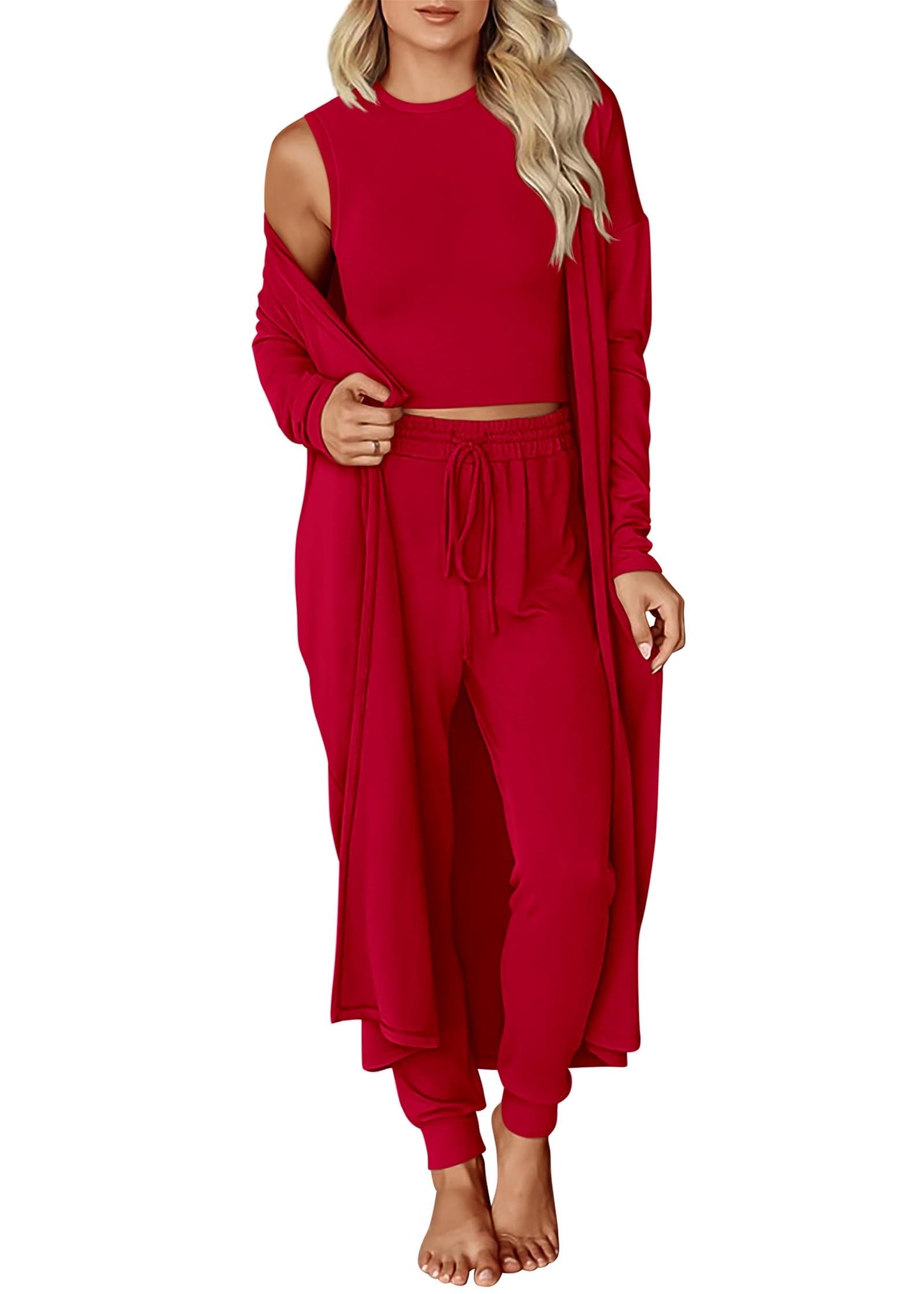 KIRUNDO 3 Piece Lounge Sets for Women Airport Travel Vacation Outfits 2025 Fall Cardigan Matching Sleeveless Top Jogger Pants