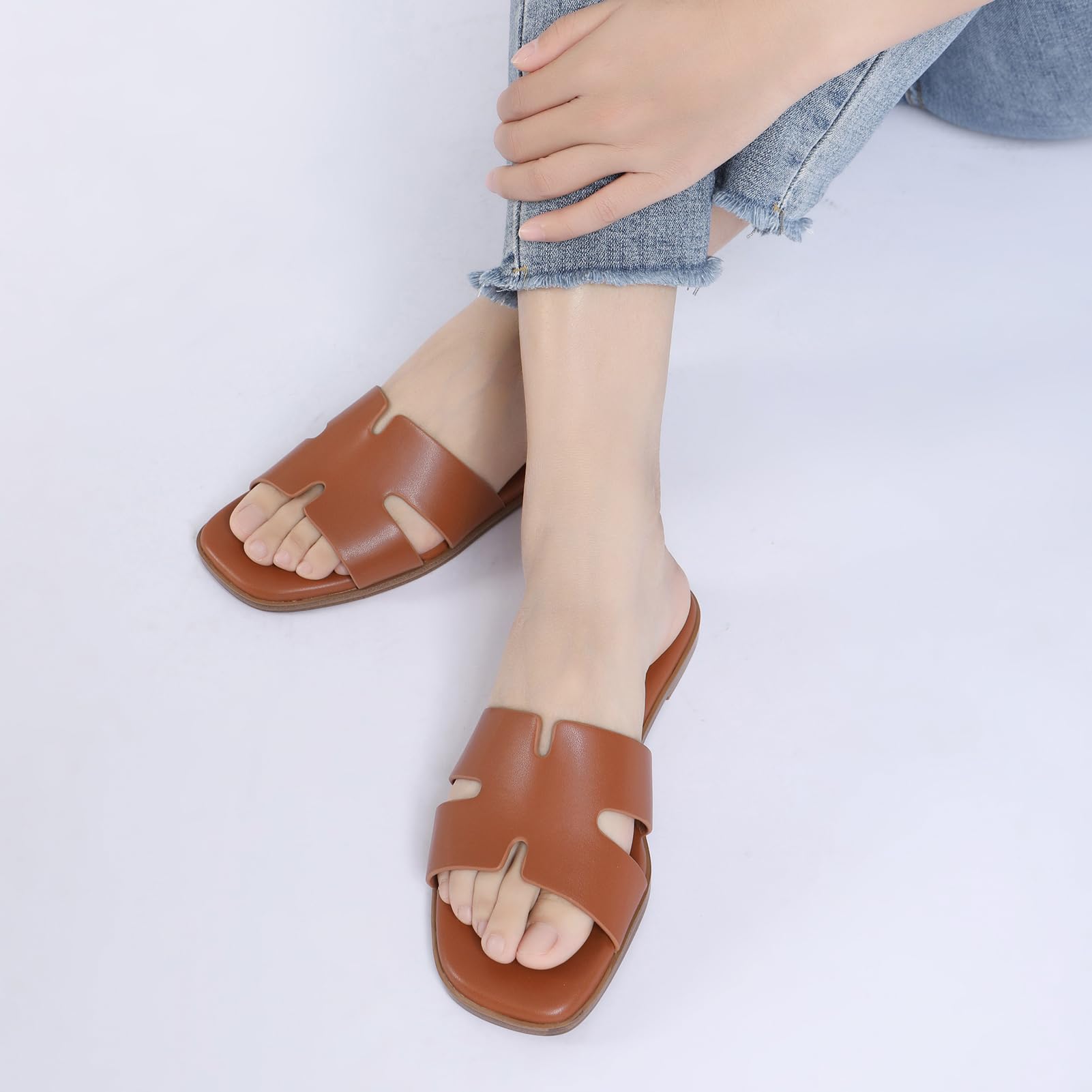 Women's Dressy Flat Sandals - Comfortable Slip On Leather Slide Sandals