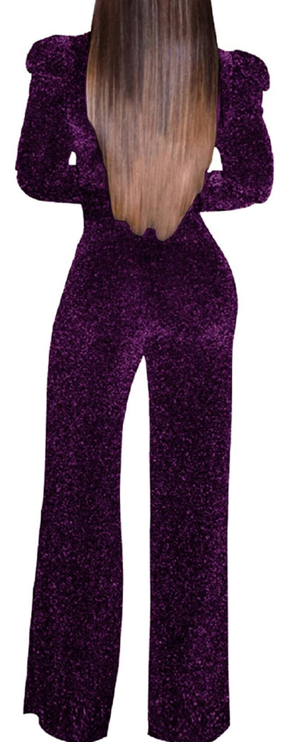 Women's Sparkly Jumpsuits Sexy Long Sleeve Cocktail Elegant Mock Neck Bodycon Straight Long Pants Rompers with Pockets
