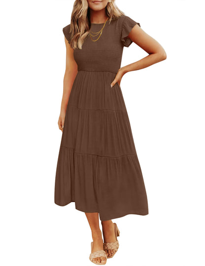 Blue Casual Dresses - Women's Summer Tiered Midi Dress - Flutter Sleeve Smocked Waist Coffee