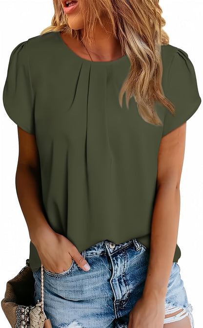 Polyester Blouses - Women's Chiffon Blouse Short Sleeve Pleated Top with Keyhole Back Detail Jungle Green