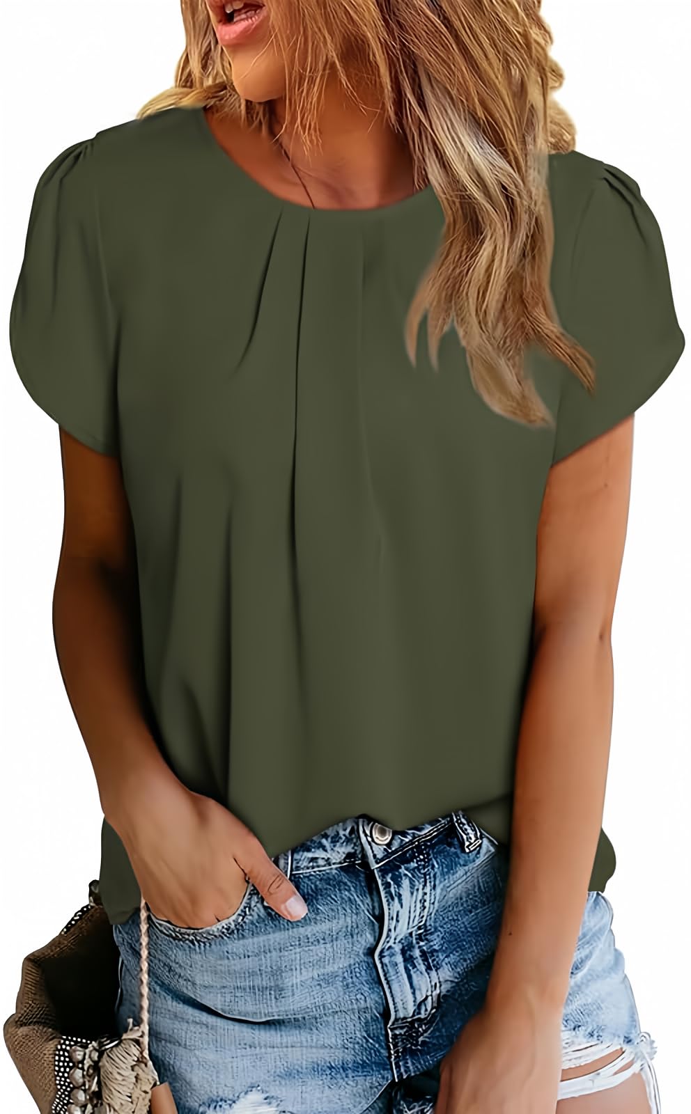 Polyester Blouses - Women's Chiffon Blouse Short Sleeve Pleated Top with Keyhole Back Detail Jungle Green