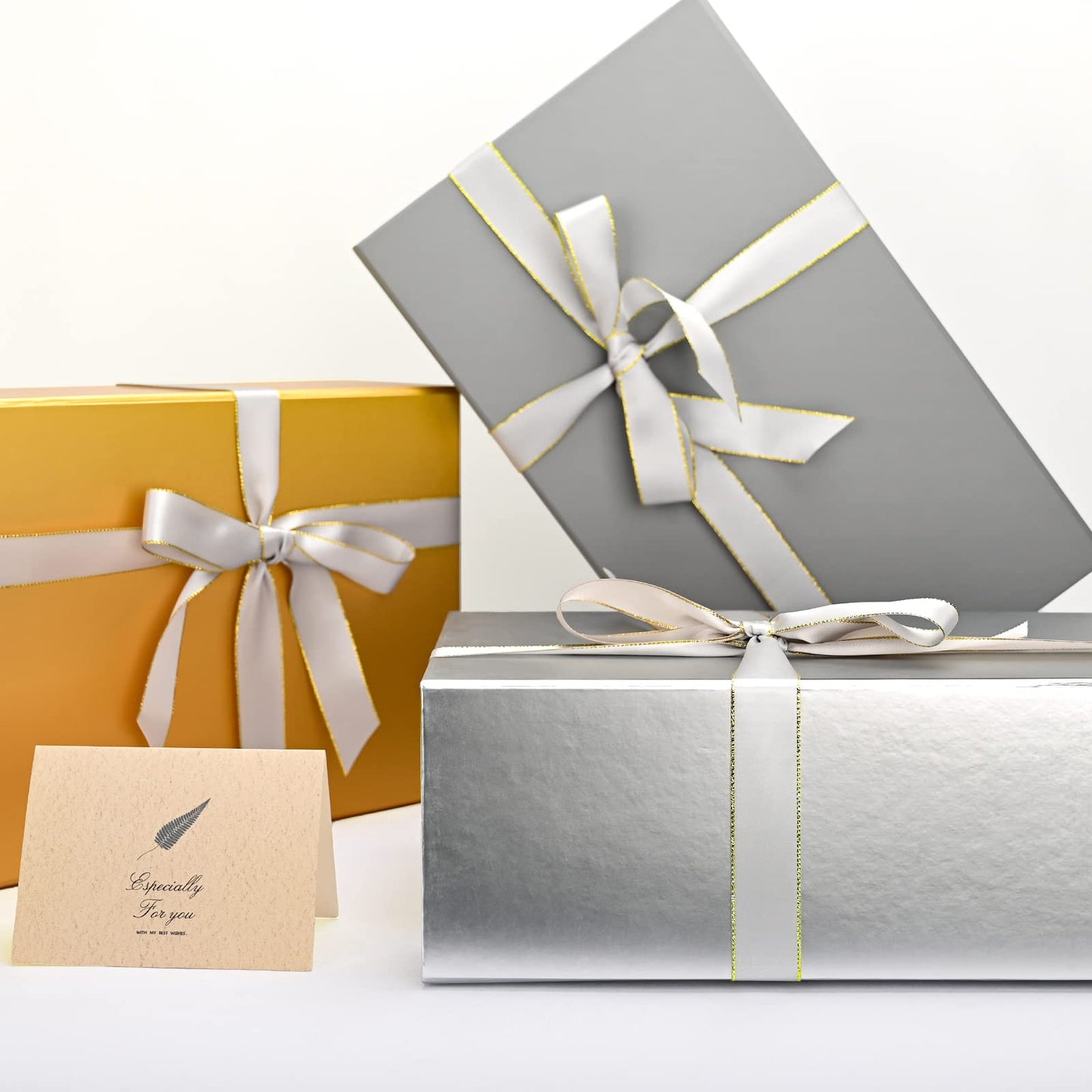 Gift Boxes with Lids 2 Pack - Magnetic Closure with Ribbon, Card, Filler & Sticker