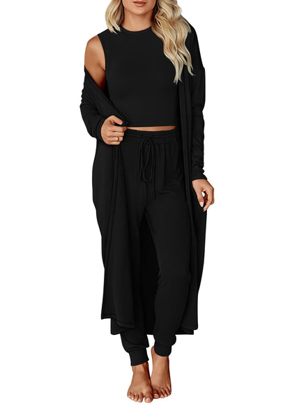 KIRUNDO 3 Piece Lounge Sets for Women Airport Travel Vacation Outfits 2025 Fall Cardigan Matching Sleeveless Top Jogger Pants