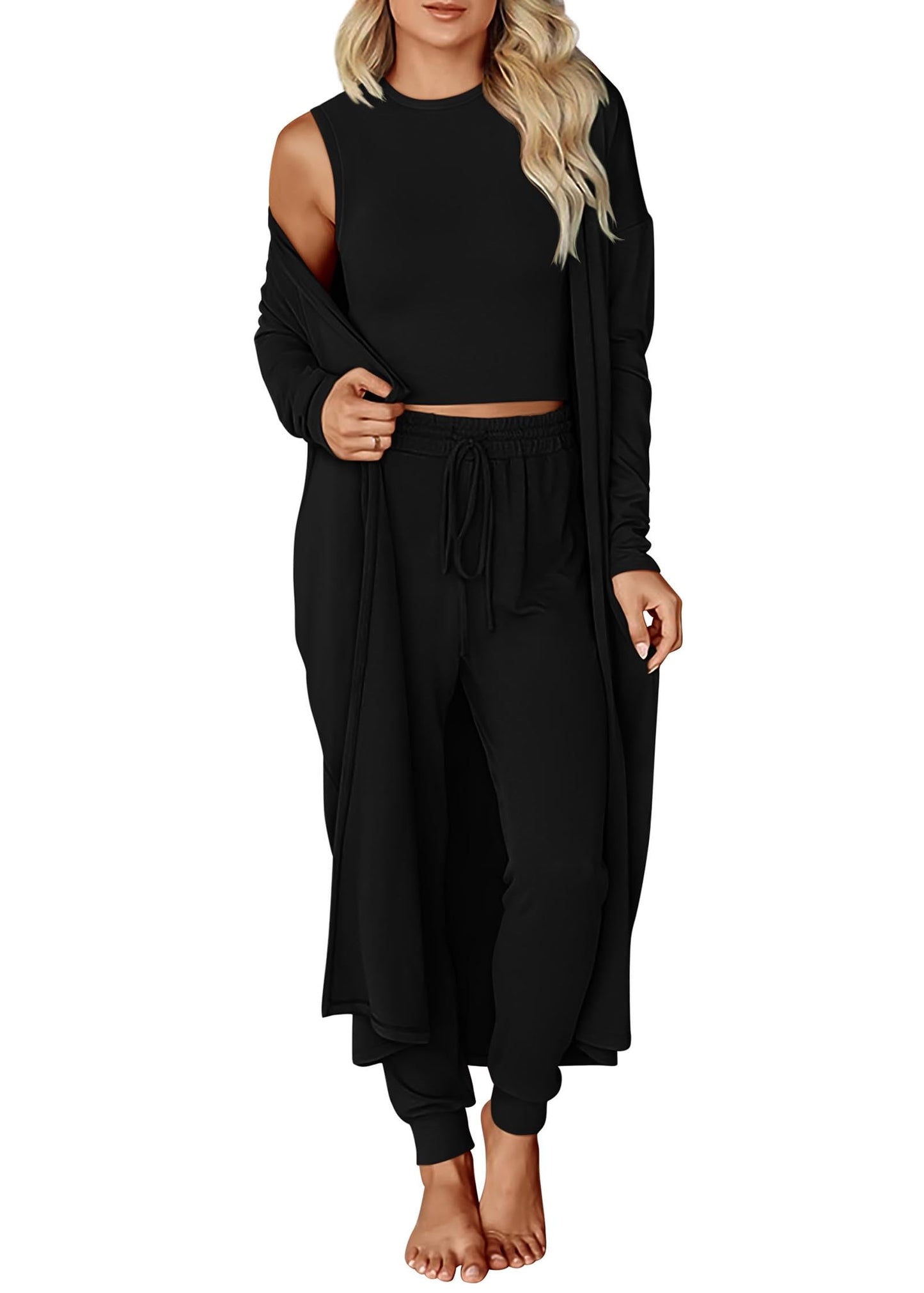 KIRUNDO 3 Piece Lounge Sets for Women Airport Travel Vacation Outfits 2025 Fall Cardigan Matching Sleeveless Top Jogger Pants
