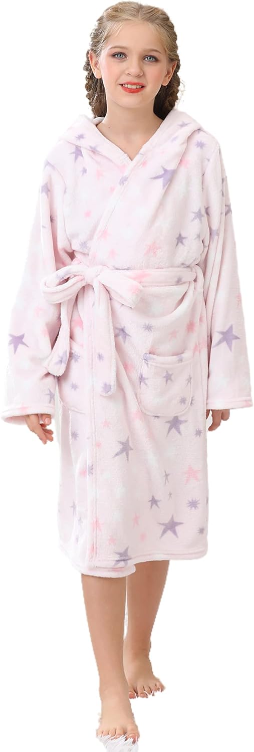 Girls Hooded Fleece Bathrobe - Soft Plush Warm Robe for Kids 3-14 Years Pink Stars