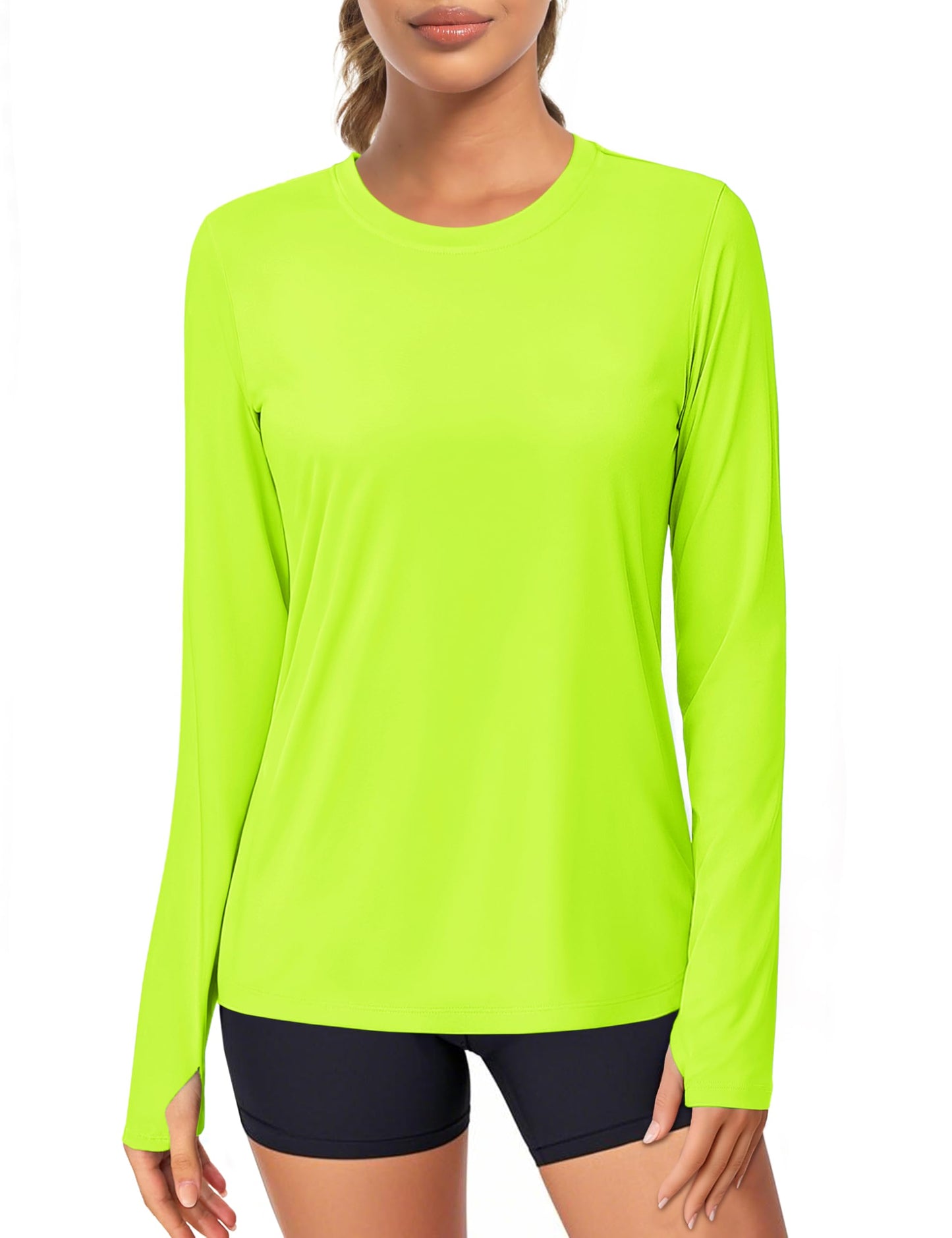 Women's UPF 80+ Long Sleeve Rash Guard - Quick Dry Athletic Shirt with Thumb Holes Fluorescent Green