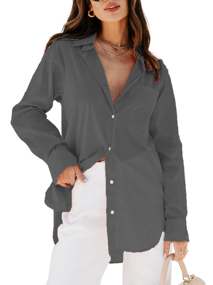Women's Button Down Shirt - Long Sleeve V-Neck Blouse with Pockets Gray