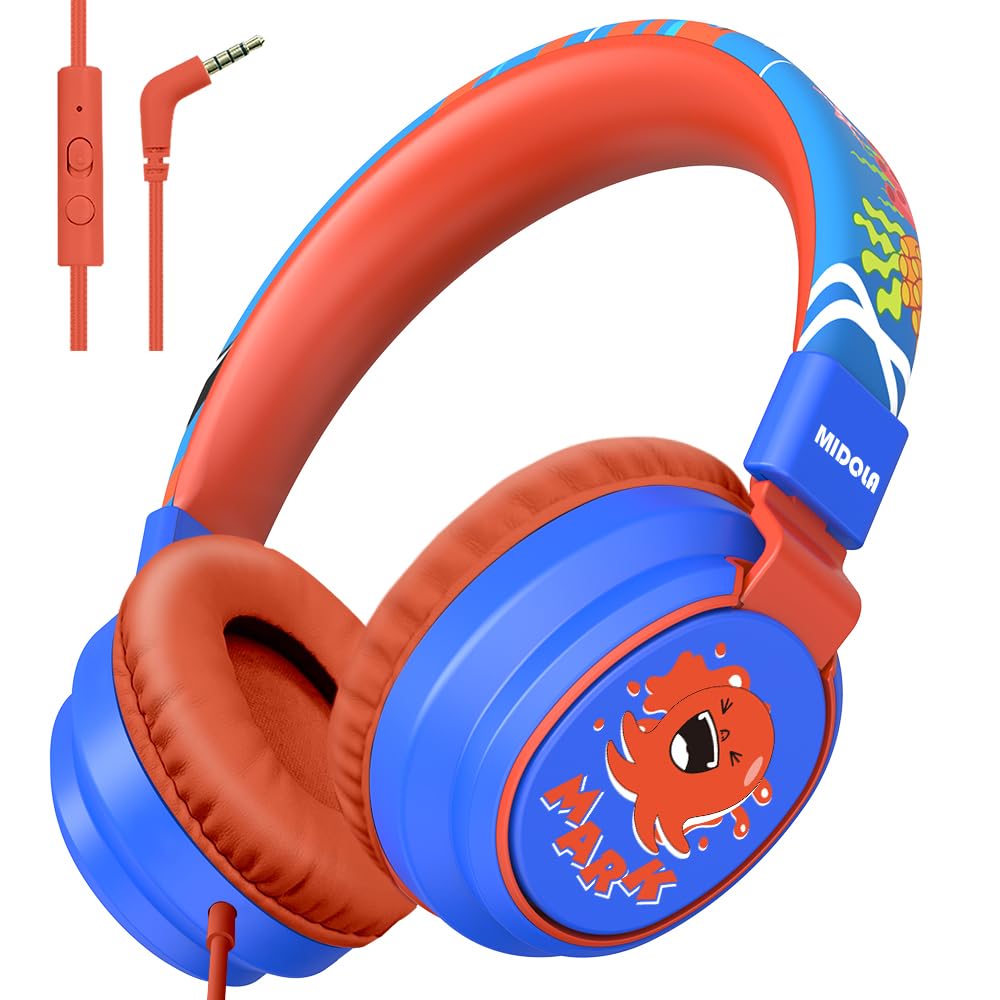 Kids Headphones Volume Limited 85/94dB - Wired Over-Ear Foldable Headset with Microphone Pink Blue Cartoon