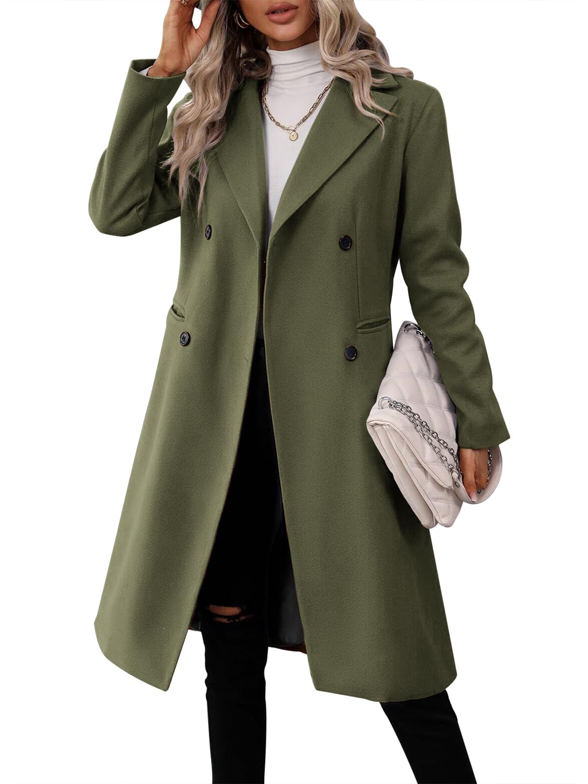 Danedvi Womens Long Double Breasted Coats Lapel Collar Pea Coat Winter Slim Fit Jackets Trench Coat Outwear
