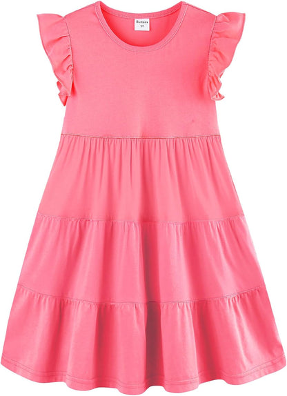 Girls Cotton Dress - Ruffle Sleeve Tiered A-Line Midi Sundress Red