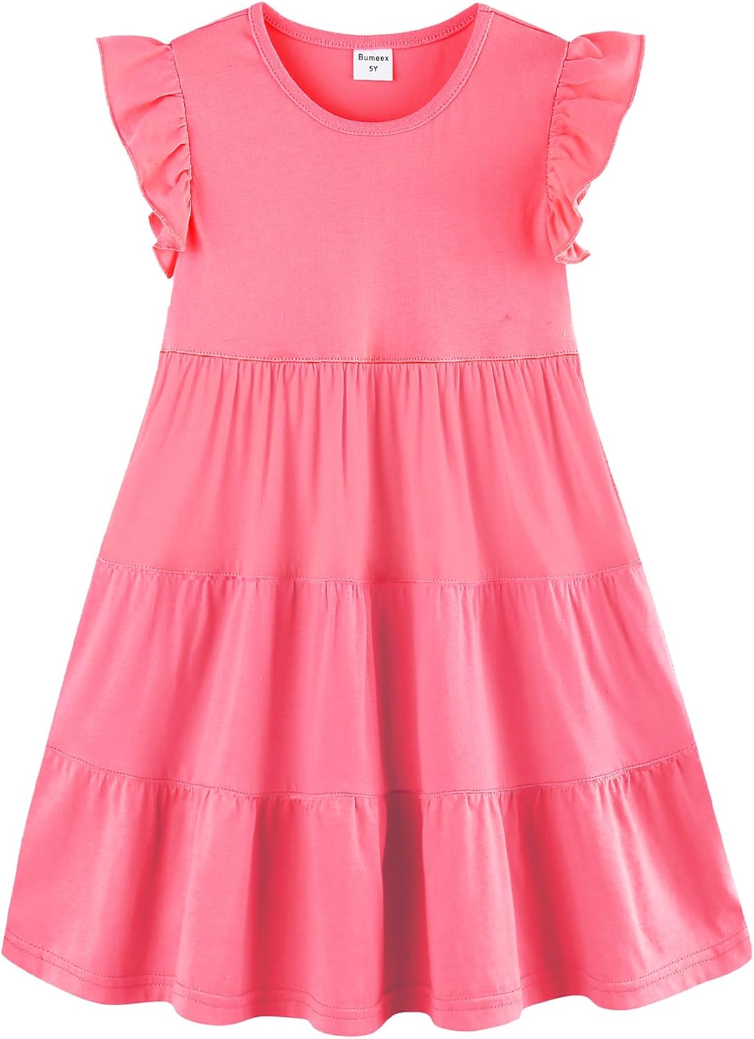 Girls Cotton Dress - Ruffle Sleeve Tiered A-Line Midi Sundress Red