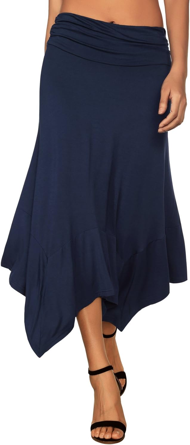 Women's Flowy Handkerchief Hemline Midi Skirt - Elastic Waist Asymmetrical Hem