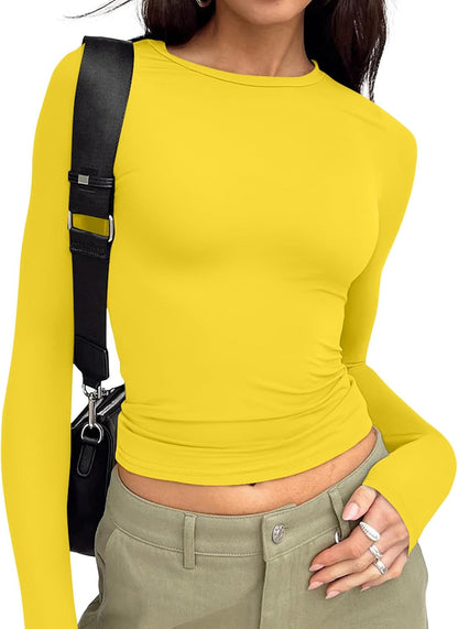 Long Sleeve Crop Top for Women - Stretchy Basic Tee with Crew Neck