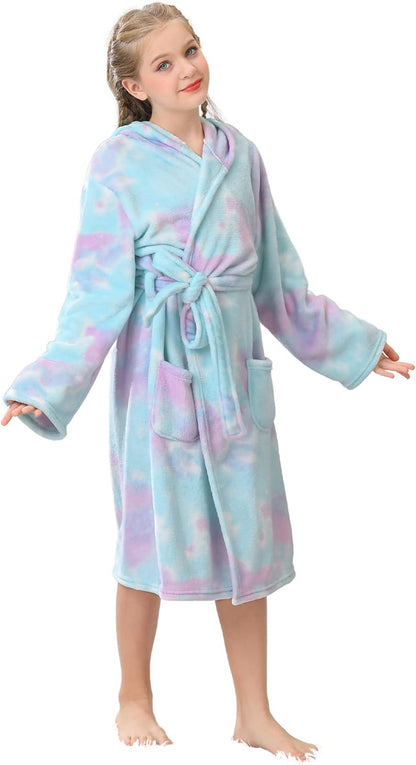 Girls Hooded Fleece Bathrobe - Soft Plush Warm Robe for Kids 3-14 Years Candy