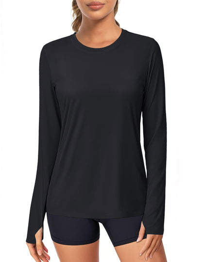 Women's UPF 80+ Long Sleeve Rash Guard - Quick Dry Athletic Shirt with Thumb Holes Black