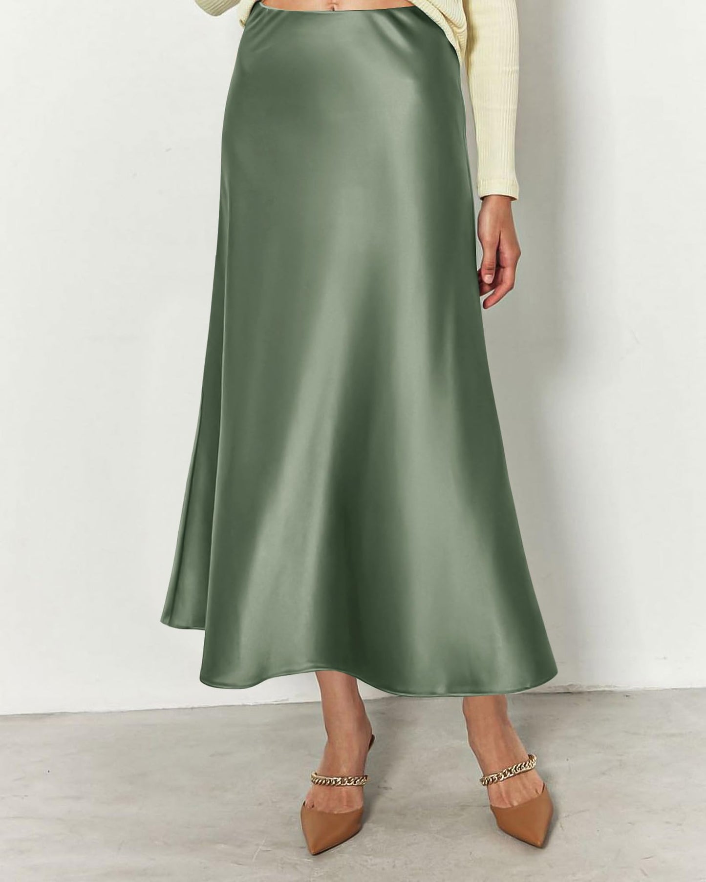 Women's High Waist Satin Midi Skirt - Elegant A-Line Flowy Party Wedding Skirt