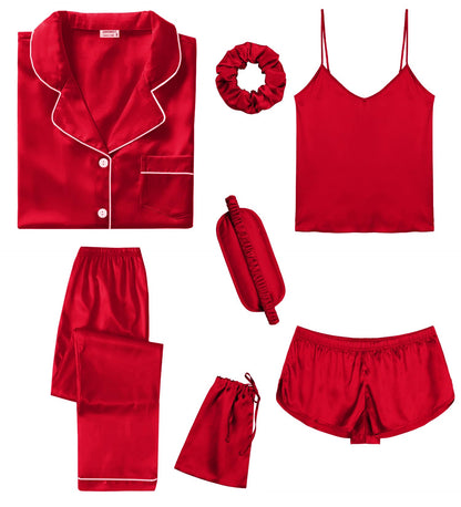 SWOMOG Womens Silk Satin Pajamas Sets 7pcs Sleepwear Sexy Cami Shorts Set and Button Down Short Sleeve Satin Pjs