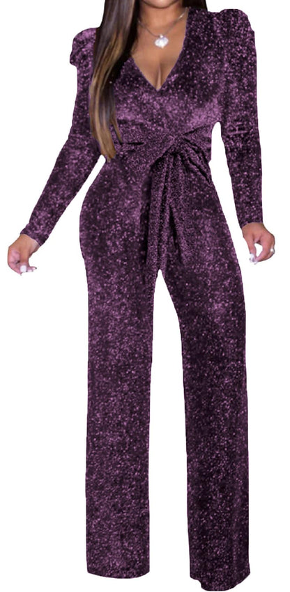 Women's Sparkly Jumpsuits Sexy Long Sleeve Cocktail Elegant Mock Neck Bodycon Straight Long Pants Rompers with Pockets