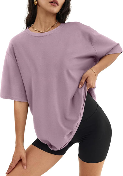 Women's Oversized T Shirts - Loose Fit Crewneck Short Sleeve Casual Tops Darkpink