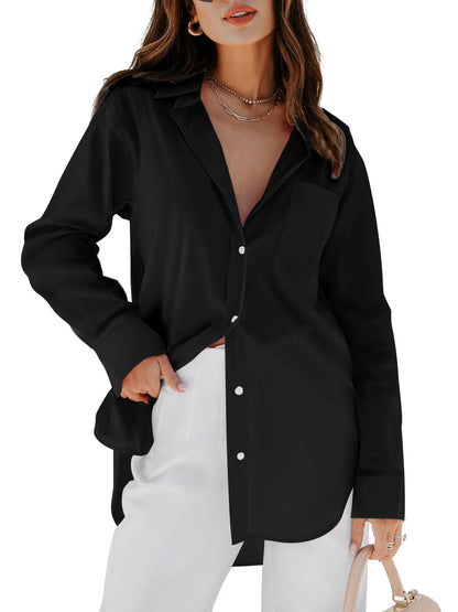Women's Button Down Shirt - Long Sleeve V-Neck Blouse with Pockets A Black